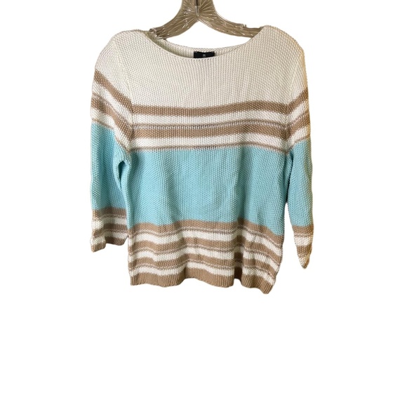 NWT Marble 7020 Blue Beige White Stripes 3/4 Sleeve Pullover Sweater Small - Picture 6 of 10